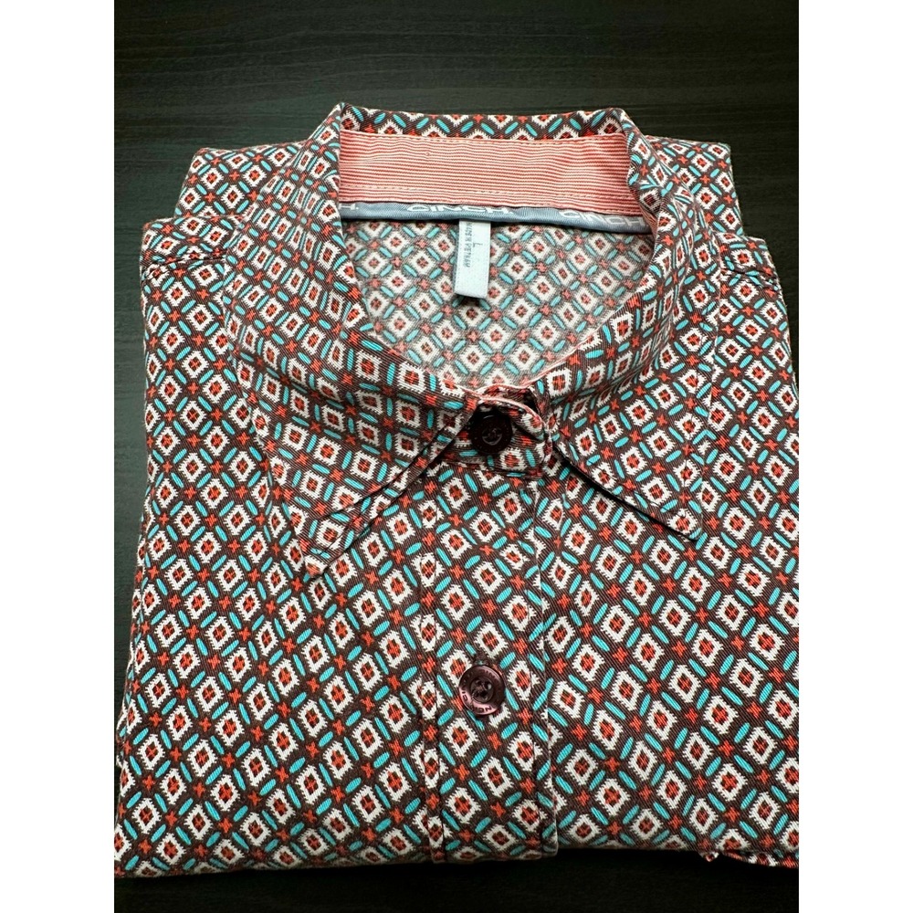 Cinch Button Down Shirt Womens Large Brown Turquoise Geometric Contrast cuffs